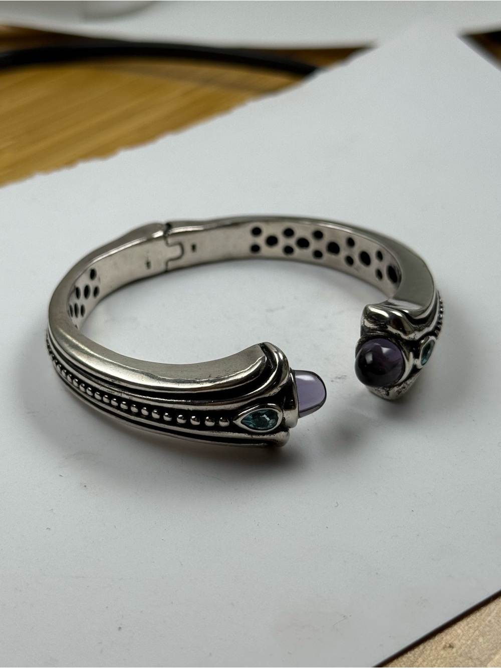 Hinged Bracelet Vintage, Hinged, Amethyst and Topaz, 925, 14k